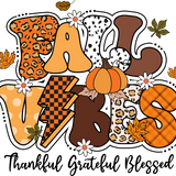 Colorful letters spelling "FALL" with autumn leaves, pumpkin, and white flowers. Decorative letters feature leopard print, plaid, and polka dot patterns. Text below reads: "Thankful Grateful Blessed"