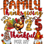 A colorful Thanksgiving-themed design with plaid "FAMILY" letters, a rooster in a pilgrim hat, two gnomes, and text reading "Family Thanksgiving 2023 Thankful for my Tribe" with autumn maple leaves.