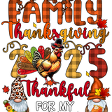 A colorful Thanksgiving-themed design with plaid "FAMILY" letters, a rooster in a pilgrim hat, two gnomes, and text reading "Family Thanksgiving 2023 Thankful for my Tribe" with autumn maple leaves.