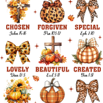 A decorative autumn-themed graphic with leopard print and plaid pumpkins, bows, and crosses. Each illustration is paired with a biblical reference highlighting positive spiritual attributes like "Chosen", "Forgiven", "Special", "Lovely", "Beautiful", "Created", "Unique", "Strong", and "Precious".