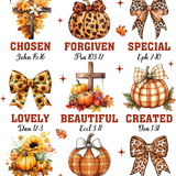 A decorative autumn-themed graphic with leopard print and plaid pumpkins, bows, and crosses. Each illustration is paired with a biblical reference highlighting positive spiritual attributes like "Chosen", "Forgiven", "Special", "Lovely", "Beautiful", "Created", "Unique", "Strong", and "Precious".
