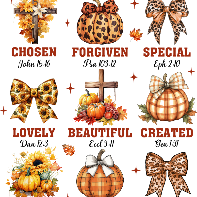 A decorative autumn-themed graphic with leopard print and plaid pumpkins, bows, and crosses. Each illustration is paired with a biblical reference highlighting positive spiritual attributes like "Chosen", "Forgiven", "Special", "Lovely", "Beautiful", "Created", "Unique", "Strong", and "Precious".