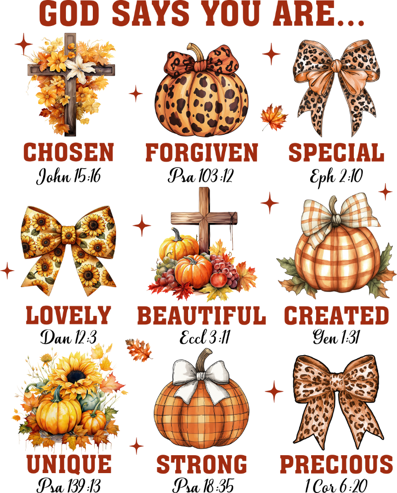 A decorative autumn-themed graphic with leopard print and plaid pumpkins, bows, and crosses. Each illustration is paired with a biblical reference highlighting positive spiritual attributes like "Chosen", "Forgiven", "Special", "Lovely", "Beautiful", "Created", "Unique", "Strong", and "Precious".