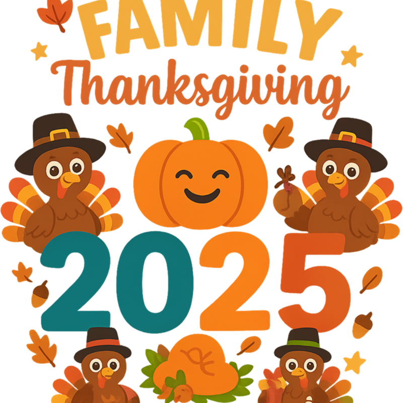 A festive Thanksgiving 2025 design with cartoon turkeys, a smiling pumpkin, autumn leaves, and acorns surrounding the text "Family Thanksgiving 2025" in yellow, orange, and teal colors.