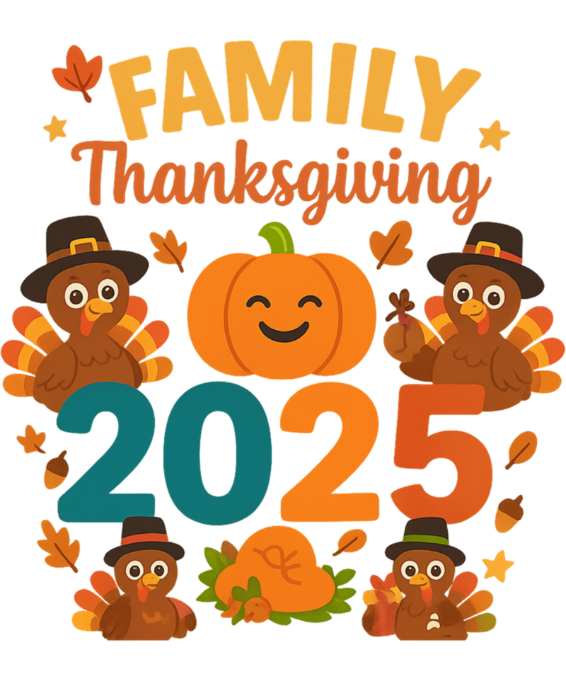 A festive Thanksgiving 2025 design with cartoon turkeys, a smiling pumpkin, autumn leaves, and acorns surrounding the text "Family Thanksgiving 2025" in yellow, orange, and teal colors.