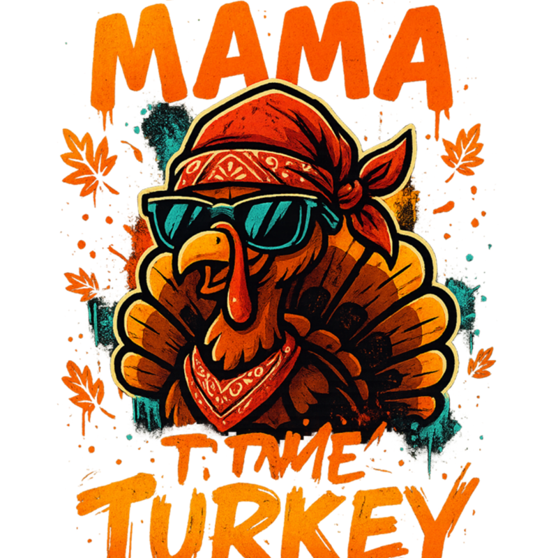 A cool turkey wearing sunglasses and a red bandana, surrounded by orange autumn leaves. Text reads: "I'M THE MAMA TIME TURKEY" in dripping orange letters.