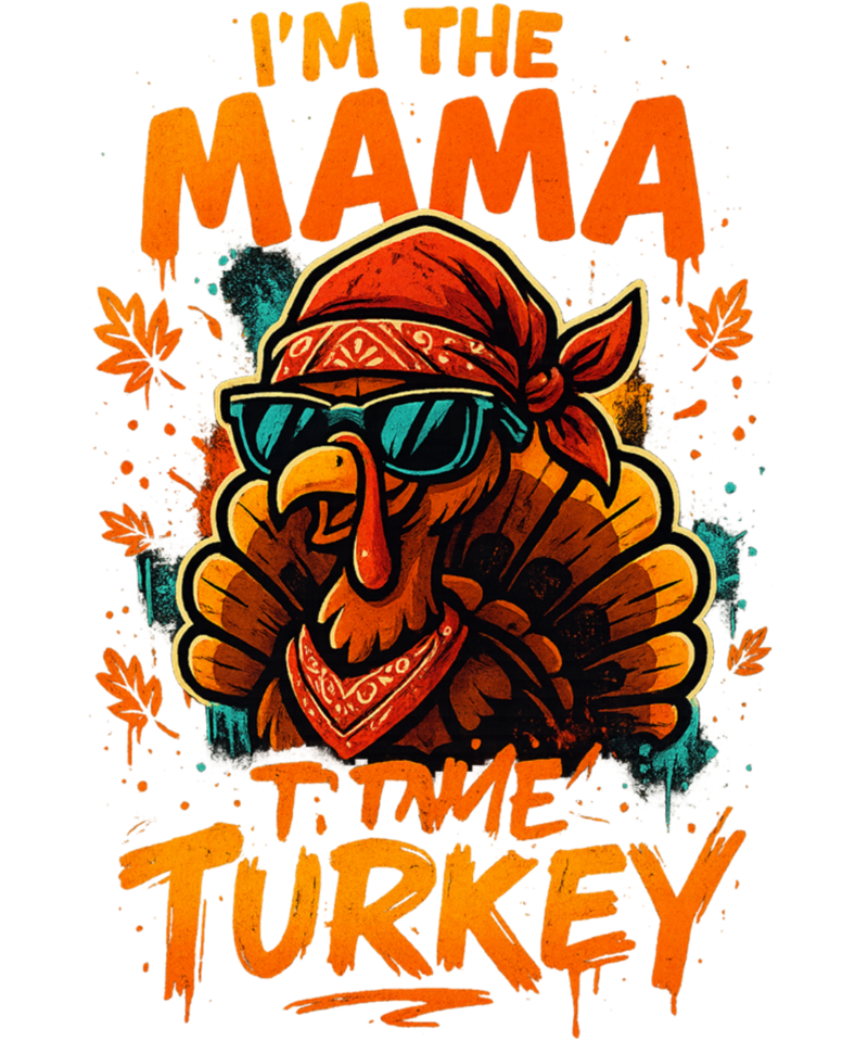 A cool turkey wearing sunglasses and a red bandana, surrounded by orange autumn leaves. Text reads: "I'M THE MAMA TIME TURKEY" in dripping orange letters.
