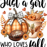 An autumn-themed illustration featuring plaid pumpkins, a football, orange flowers, fall leaves, hearts, and text reading "Just a girl WHO LOVES fall" in stylized black lettering.