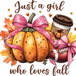 A large orange pumpkin with a pink bow, autumn maple leaves, a coffee cup, and a football, all adorned with stars and hearts. Text reads: "Just a girl who loves fall" in stylized brown script.