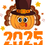 A cartoonish turkey-shaped pumpkin wearing a pilgrim hat, with autumn leaves around it and the number "2025" in large orange numerals below.