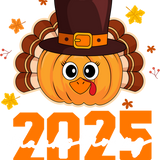 A cartoonish turkey-shaped pumpkin wearing a pilgrim hat, with autumn leaves around it and the number "2025" in large orange numerals below.
