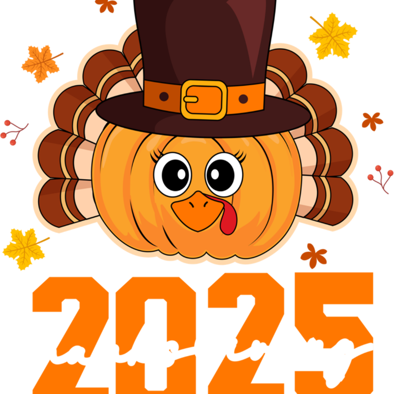 A cartoonish turkey-shaped pumpkin wearing a pilgrim hat, with autumn leaves around it and the number "2025" in large orange numerals below.