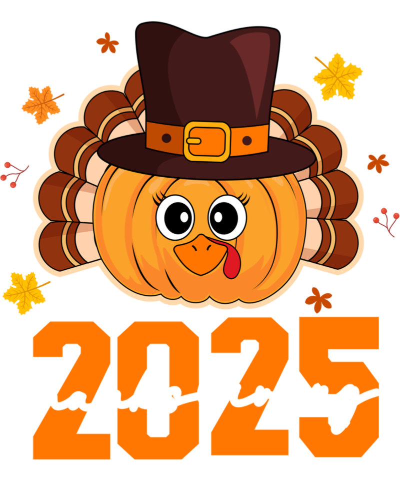 A cartoonish turkey-shaped pumpkin wearing a pilgrim hat, with autumn leaves around it and the number "2025" in large orange numerals below.