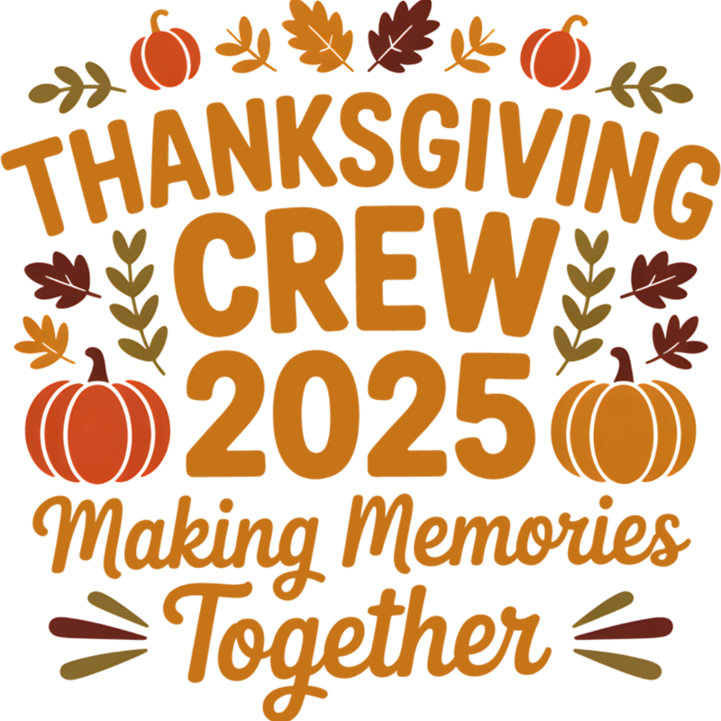 The text "Thanksgiving Crew 2025 Making Memories Together" is surrounded by autumn-colored pumpkins, leaves, and branch decorations in shades of orange, brown, and green.