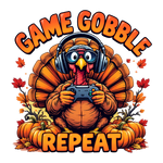 A cartoon turkey wearing headphones and glasses, holding a video game controller, surrounded by autumn leaves and pumpkins. Text reads "GAME GOBBLE REPEAT" in large orange letters.