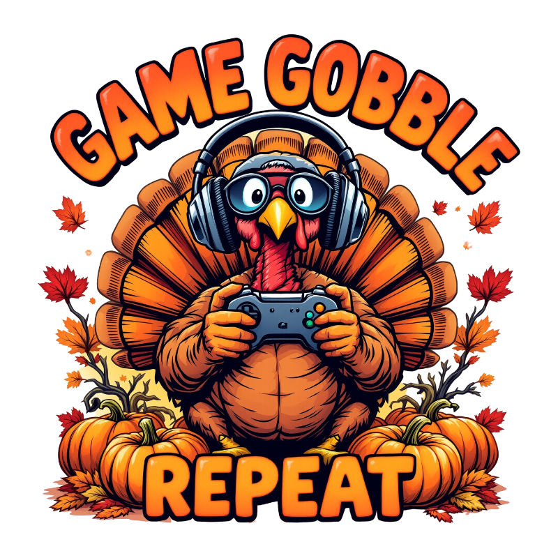 A cartoon turkey wearing headphones and glasses, holding a video game controller, surrounded by autumn leaves and pumpkins. Text reads "GAME GOBBLE REPEAT" in large orange letters.
