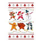 A festive cross-stitch-style design featuring six holiday characters dabbing, including a reindeer, Santa, snowman, gingerbread man, turkey, and a penguin, surrounded by colorful Christmas lights and tree motifs.
