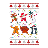 A festive cross-stitch-style design featuring six holiday characters dabbing, including a reindeer, Santa, snowman, gingerbread man, turkey, and a penguin, surrounded by colorful Christmas lights and tree motifs.