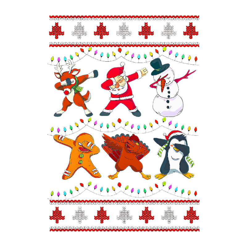 A festive cross-stitch-style design featuring six holiday characters dabbing, including a reindeer, Santa, snowman, gingerbread man, turkey, and a penguin, surrounded by colorful Christmas lights and tree motifs.