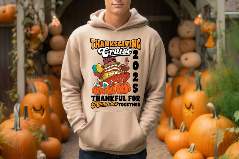 Beige hoodie with Thanksgiving Cruise 2025 graphic, surrounded by orange pumpkins