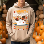 Beige hoodie with Thanksgiving cruise design featuring turkey, cruise ship, autumn leaves, and pumpkins