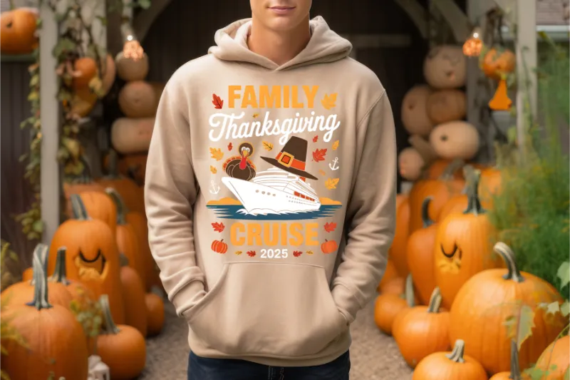 Beige hoodie with Thanksgiving cruise design featuring turkey, cruise ship, autumn leaves, and pumpkins