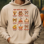 Cream hoodie with inspirational text design featuring pumpkins and bows, biblical affirmations about personal worth