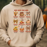 Cream hoodie with inspirational text design featuring pumpkins and bows, biblical affirmations about personal worth