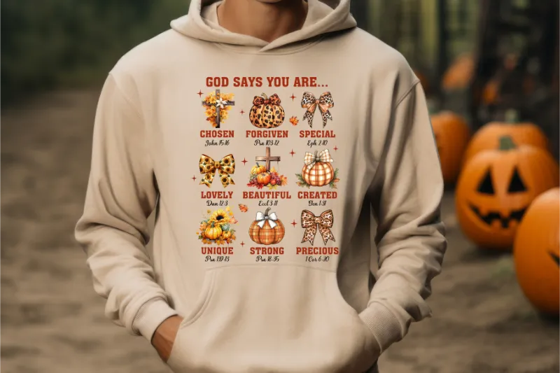 Cream hoodie with inspirational text design featuring pumpkins and bows, biblical affirmations about personal worth