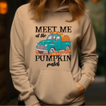 Beige hoodie with teal vintage truck and pumpkins, text reads Meet Me at the Pumpkin Patch