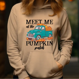 Beige hoodie with teal vintage truck and pumpkins, text reads Meet Me at the Pumpkin Patch