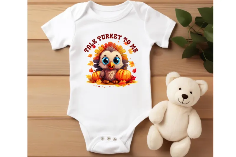 White baby onesie with cute cartoon turkey graphic, surrounded by autumn leaves and pumpkins