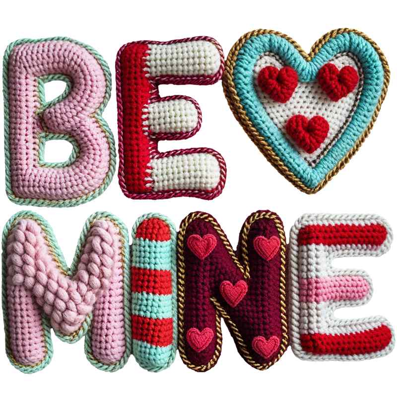 Crocheted letters spelling 'BE MINE' with colorful heart, red hearts, pastel pink and blue yarn design