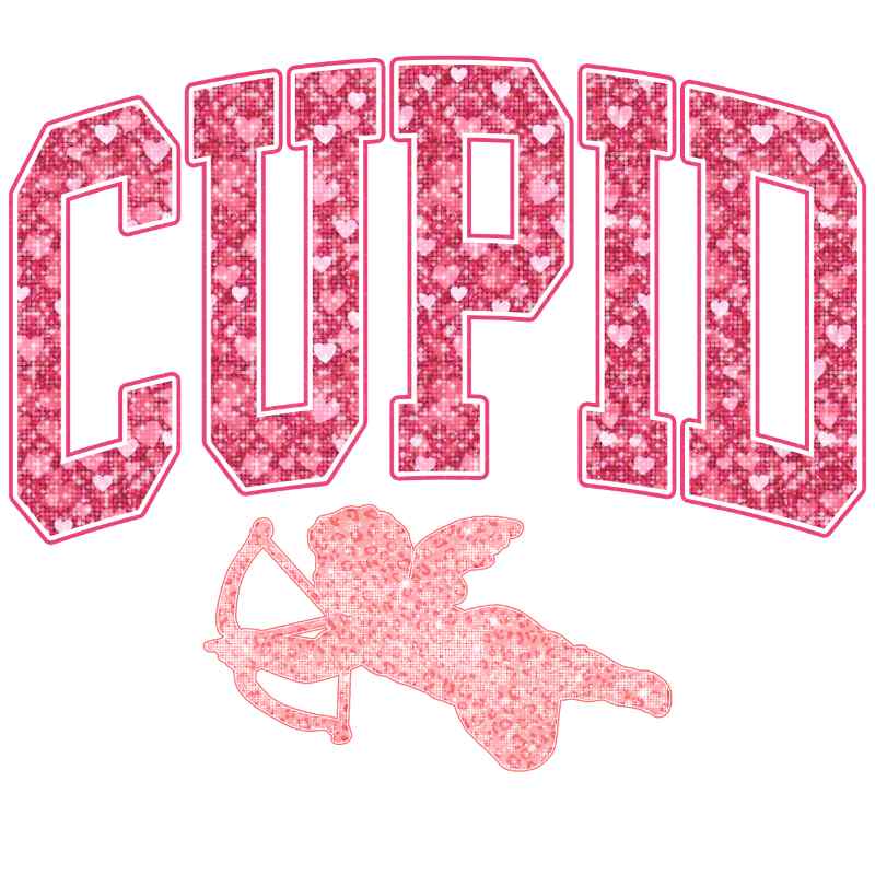 Pink glittery 'CUPID' text with heart-filled letters and cupid silhouette shooting bow and arrow