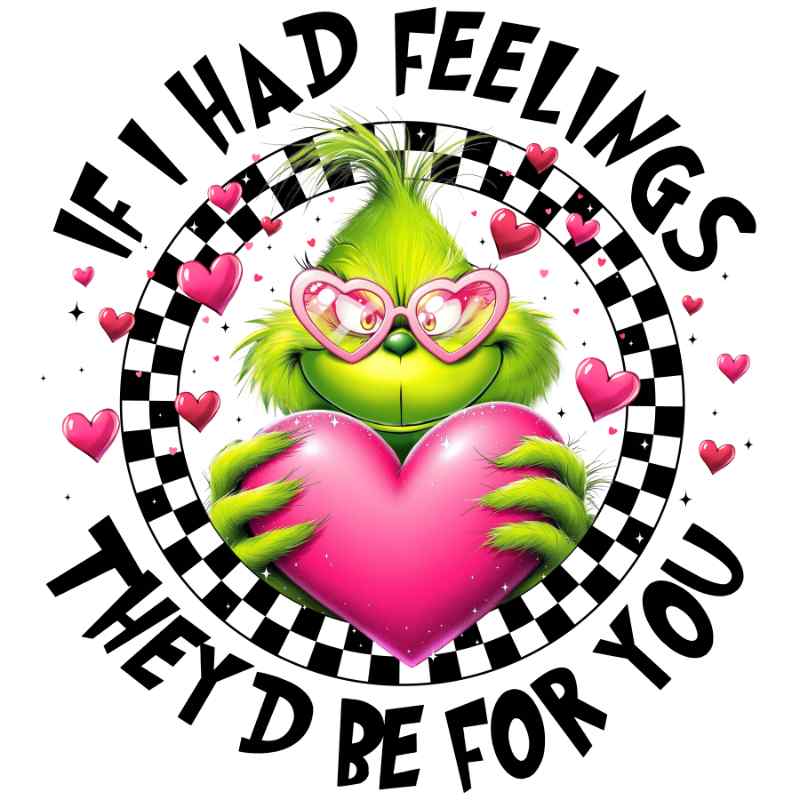 Green furry character wearing heart-shaped glasses, holding pink heart, surrounded by checkered border and pink hearts