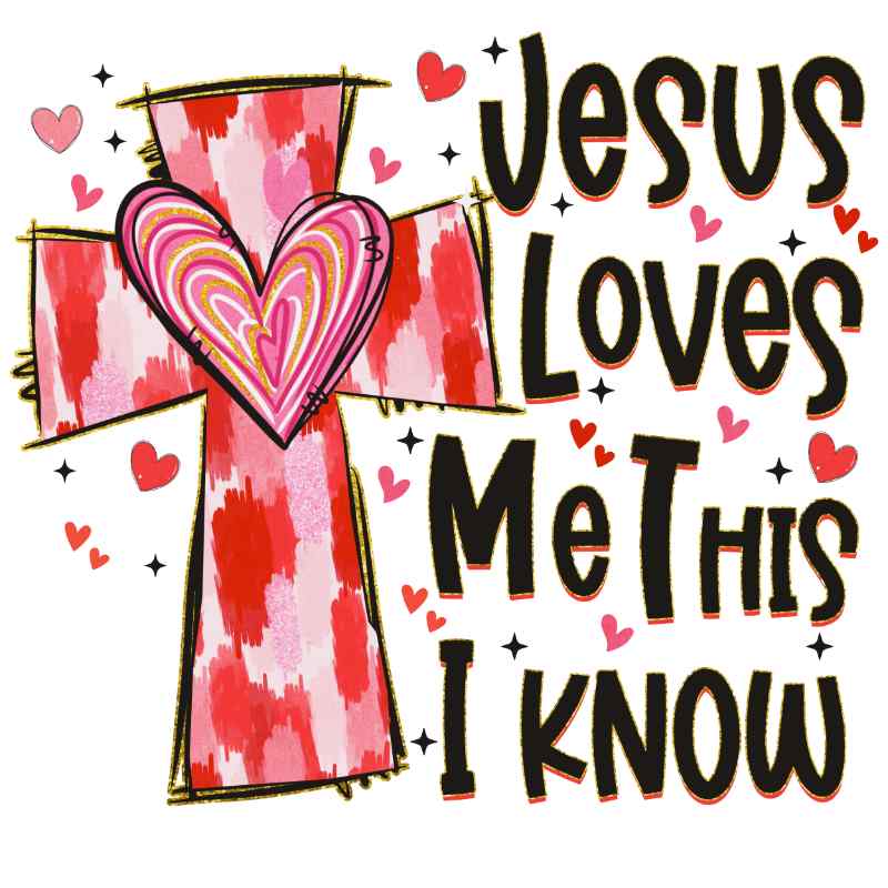 Pink cross with colorful heart design and text 'Jesus Loves Me This I Know' surrounded by small red hearts