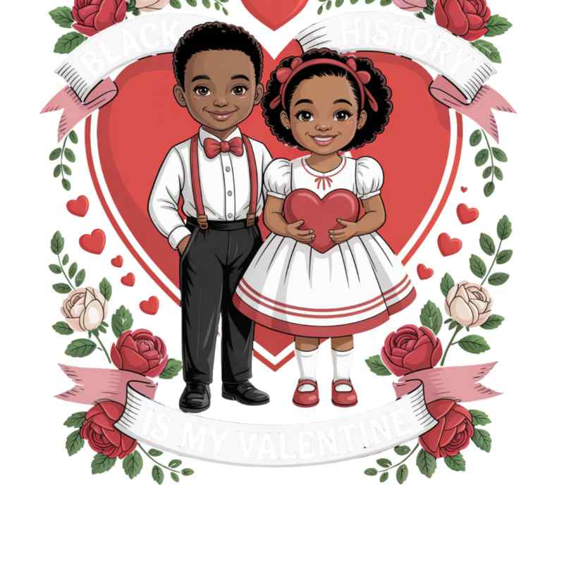 Cartoon children in formal attire standing against red heart background with roses, holding heart