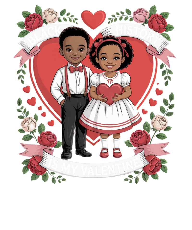 Cartoon children in formal attire standing against red heart background with roses, holding heart