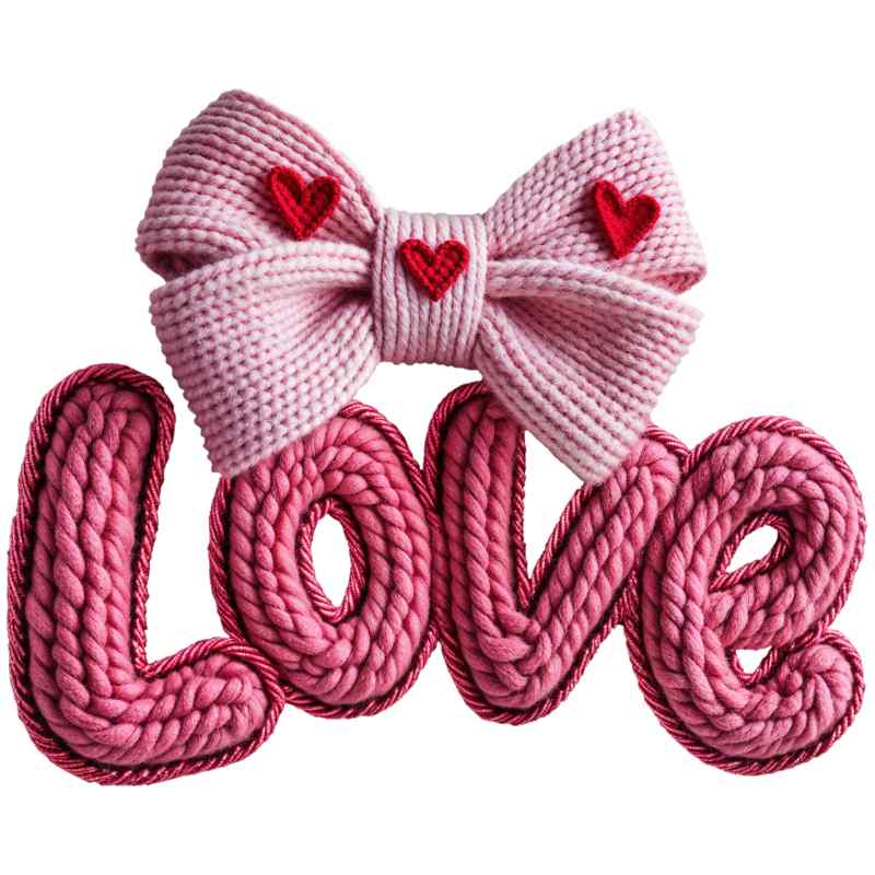 Knitted pink and red 'Love' text with bow, three red heart embellishments, textured yarn design