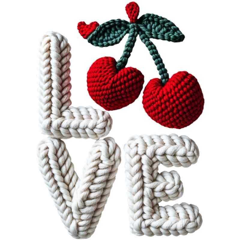 Crocheted white LOVE letters with red heart-shaped cherries and green stem