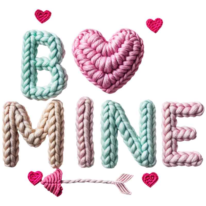 Knitted letters spelling 'BE MINE' with pink heart, pastel colors, Valentine's Day themed textile design