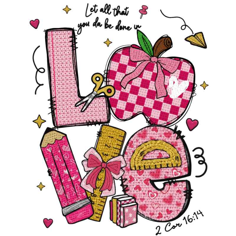 Pink and gold checkerboard love-themed design with scissors, pencil, ruler, apple, hearts, and inspirational text