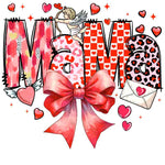 Colorful MOM letters with hearts, cupid, envelope, red bow - valentines day themed design