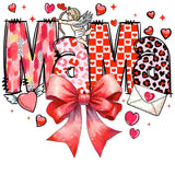 Colorful MOM letters with hearts, cupid, envelope, red bow - valentines day themed design