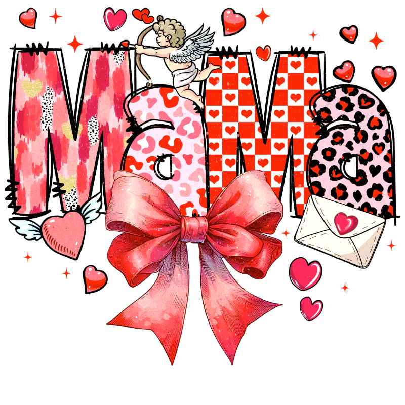Colorful MOM letters with hearts, cupid, envelope, red bow - valentines day themed design