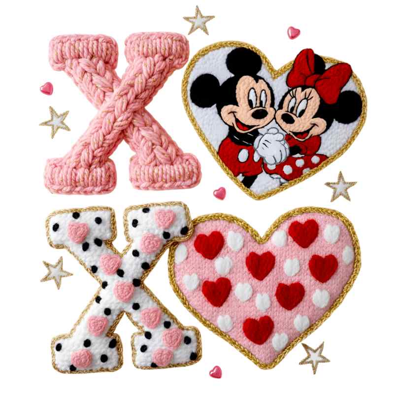 Pink knitted X letter, Disney Mickey and Minnie Mouse in heart frame, red heart-patterned design with stars