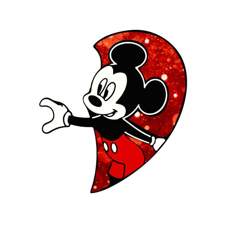 Cartoon mouse character in red and black on glittery red background, classic animated design