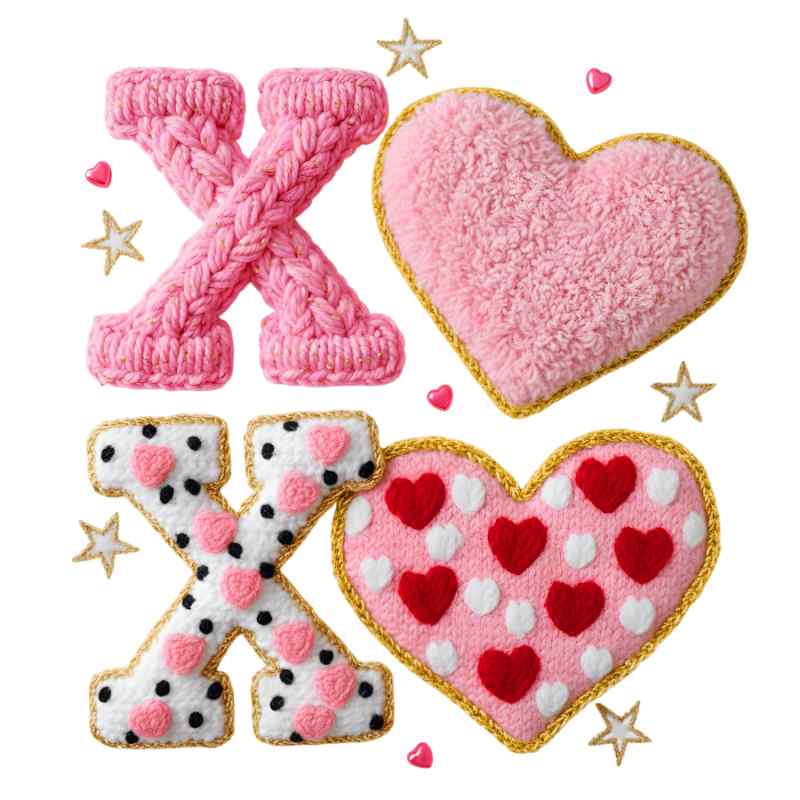 Pink knitted letter X and heart-shaped DTF transfer designs with gold borders, featuring polka dot and solid pink textures