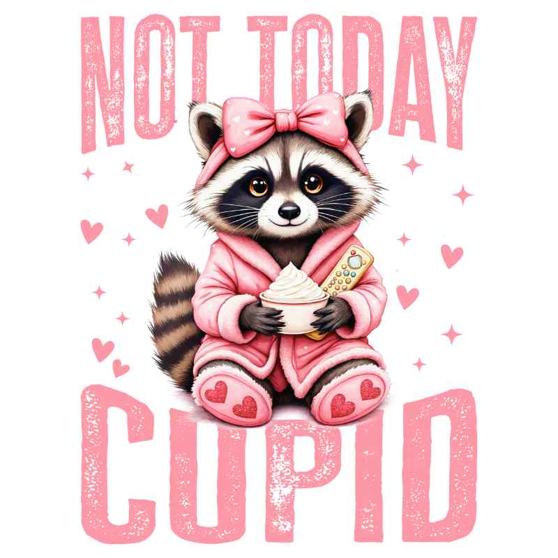Cute raccoon in pink outfit with bow, holding cupcake and phone, surrounded by hearts and stars