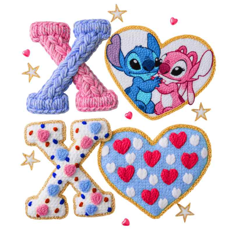 Knitted Valentine's Day design with blue and pink cartoon characters in heart shapes, stars, and decorative letters